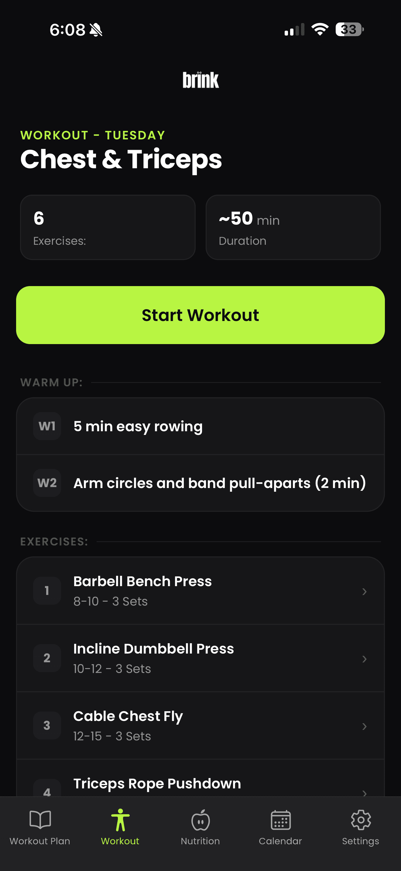 The Brink workout screen showing Tuesday's Chest and Triceps session, six exercises, an estimated 50 minute duration and a Start Workout button.