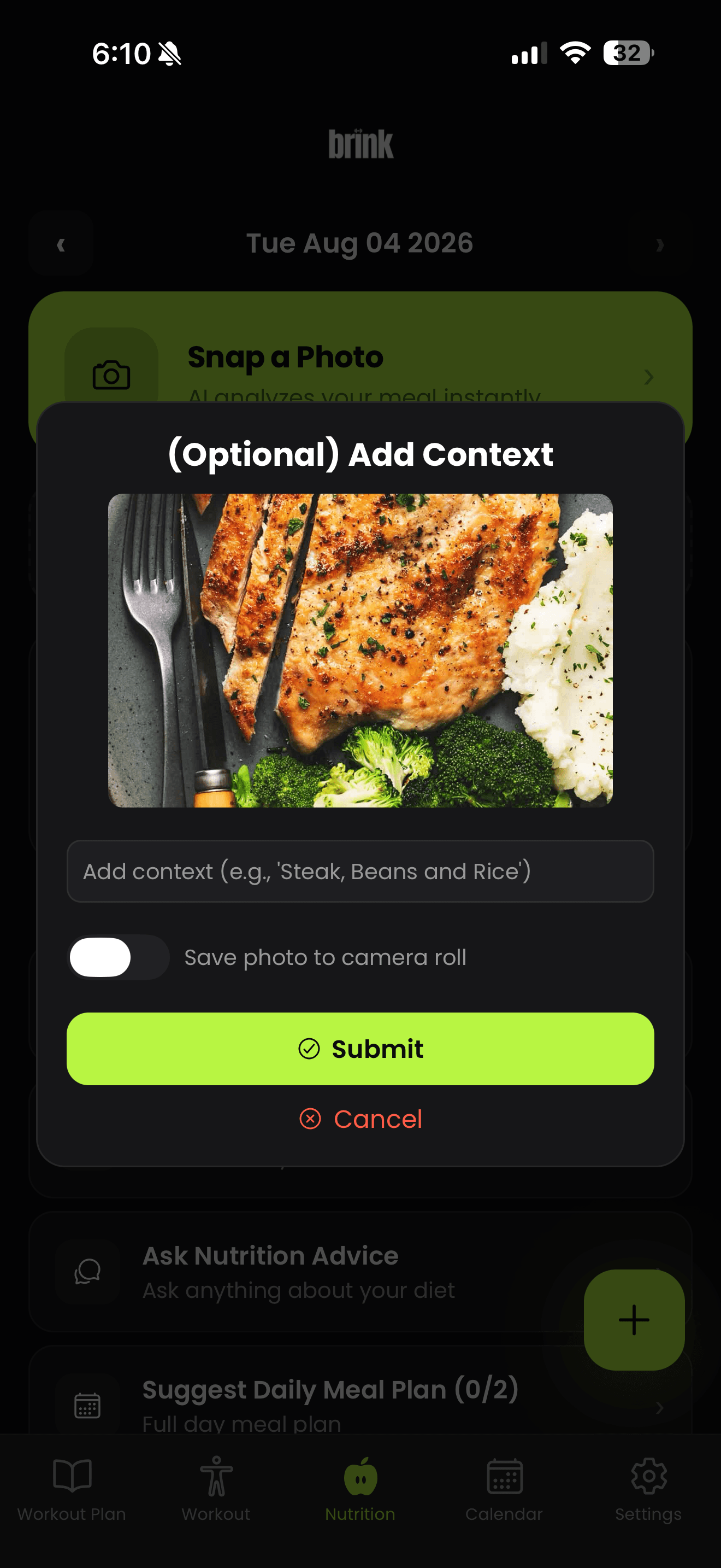 Adding optional context to a photographed meal in Brink before submitting it for nutritional analysis.