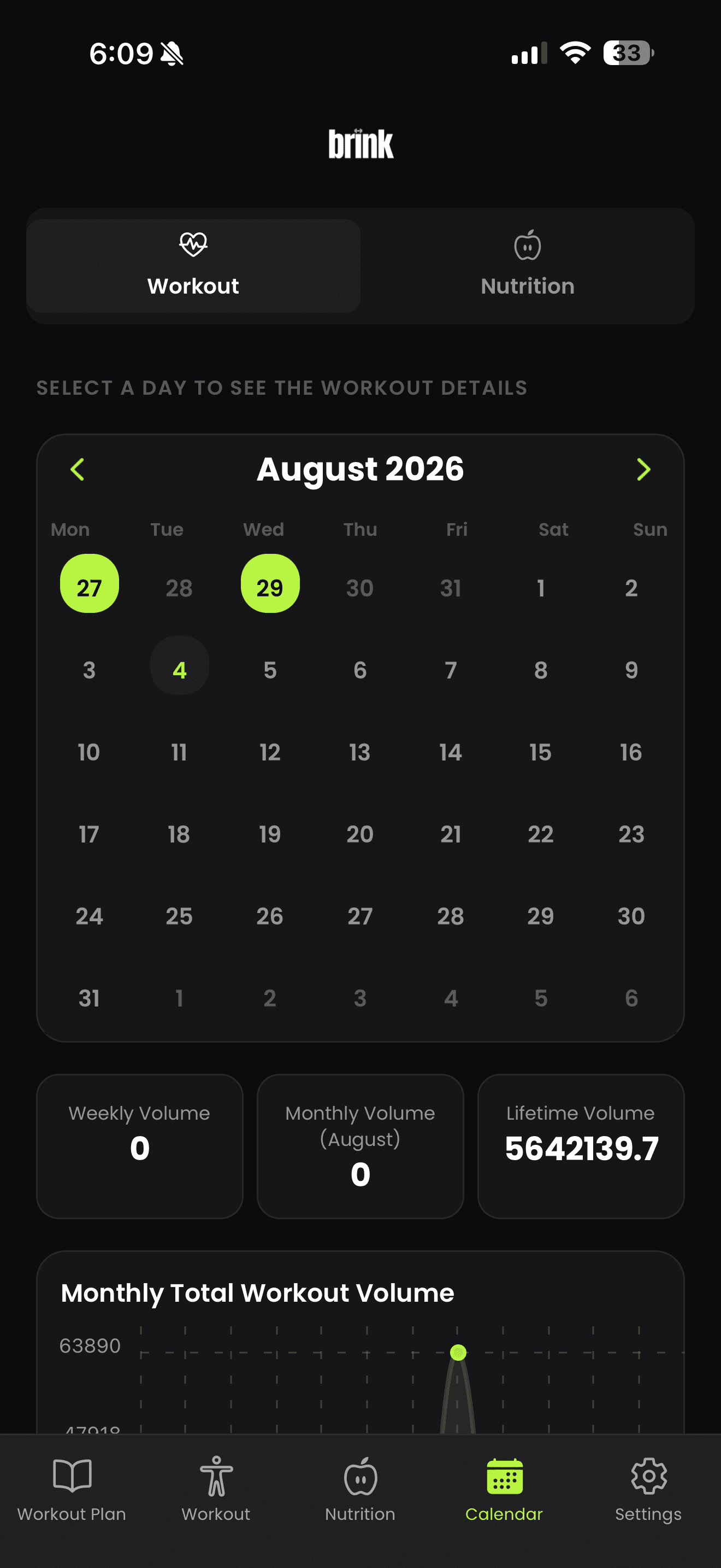 The Brink calendar view marking completed training days, with weekly, monthly and lifetime workout volume.