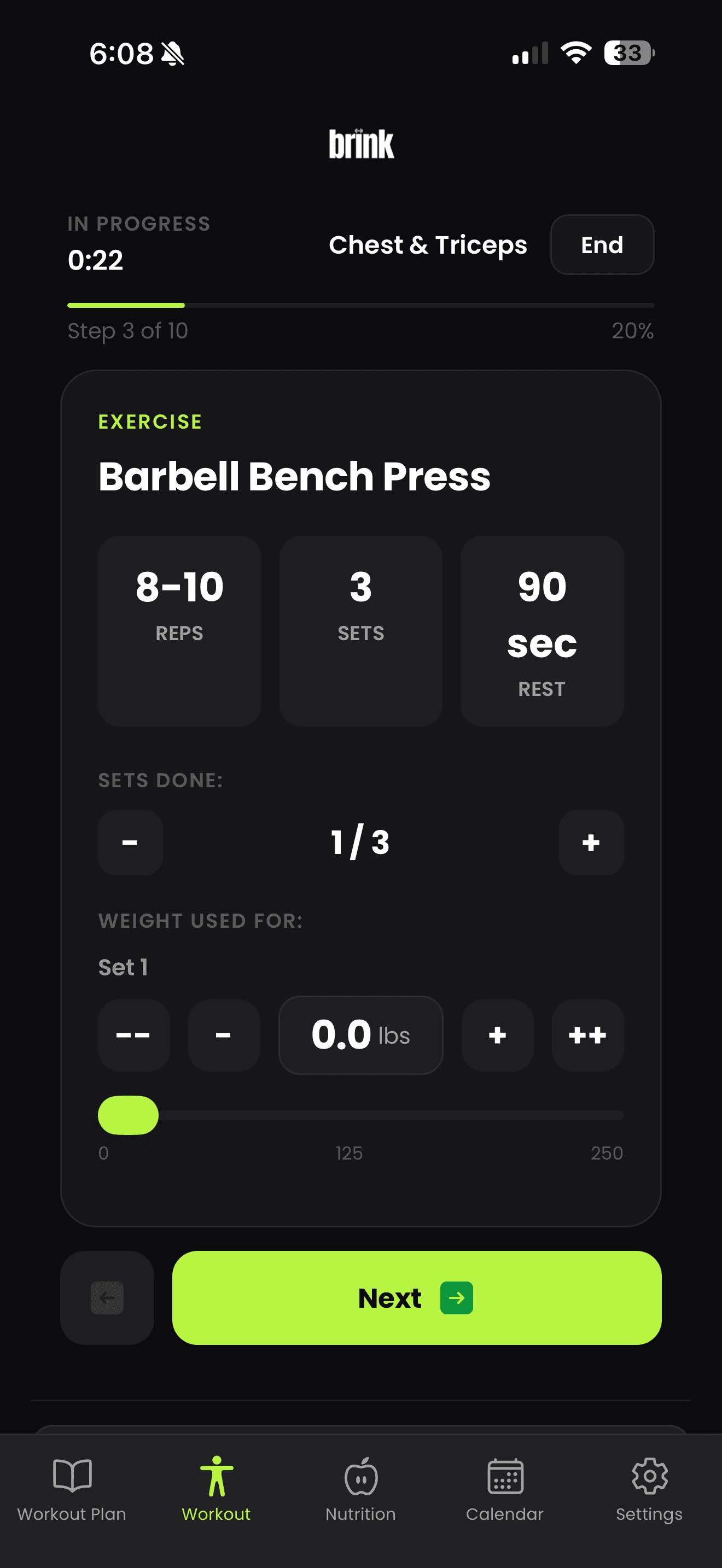 A workout in progress in Brink, logging barbell bench press with target repetitions, sets completed, rest time and the weight used.